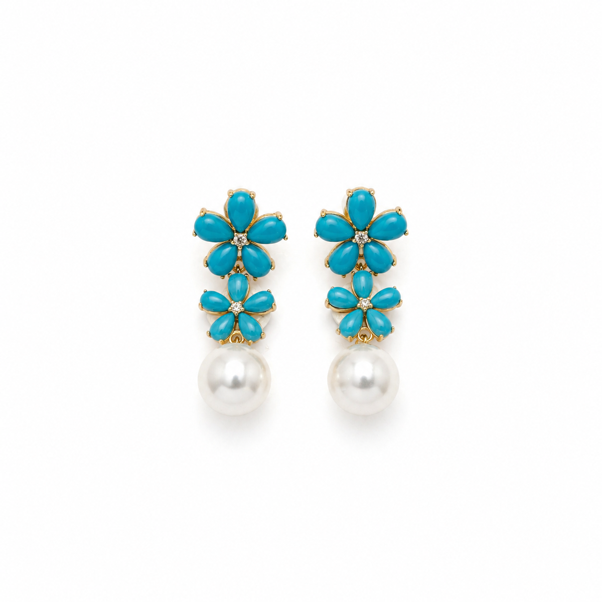 Double Flower and Pearl Earring