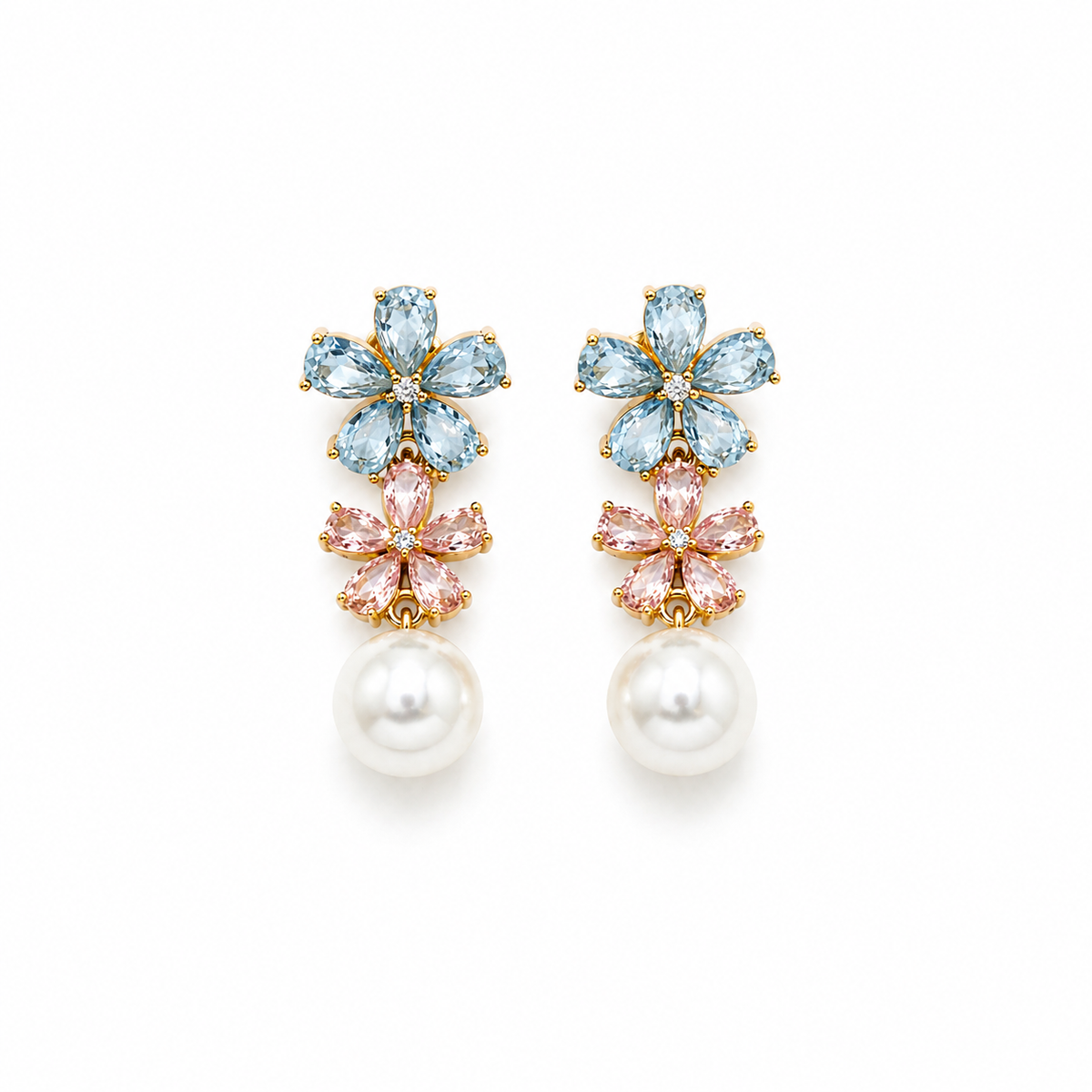 Double Colourful Flower and Pearl Earring