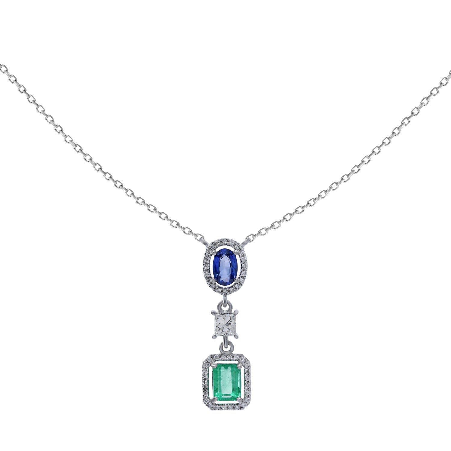Diamond, sapphire and emerald necklace. Unique sapphire and emerald necklace. High end diamond necklace. Anatol jewellery. Diamond necklace. Κολιέ με μπριγιάν, ζαφείρι και σμαράγδι. Κολιέ με μπλε πέτρα. Κολιέ με πράσινι πέτρα. Ακριβό κολιέ. Ιδιέτερο κολιέ. Κολιέ χρυσό. Χρυσά κοσμήματα. Κολιέ με διαμάντια.