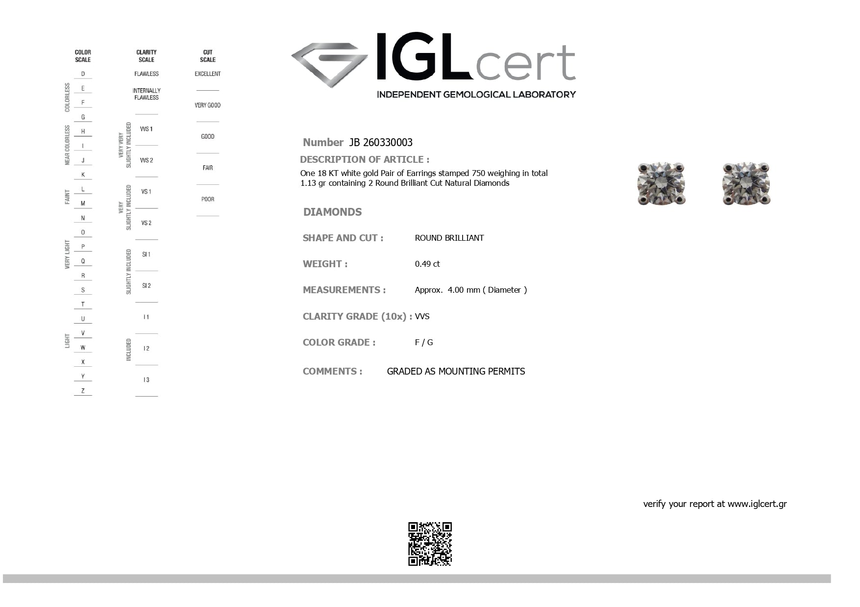 0.49ct, F/G, VVS Diamond Earrings