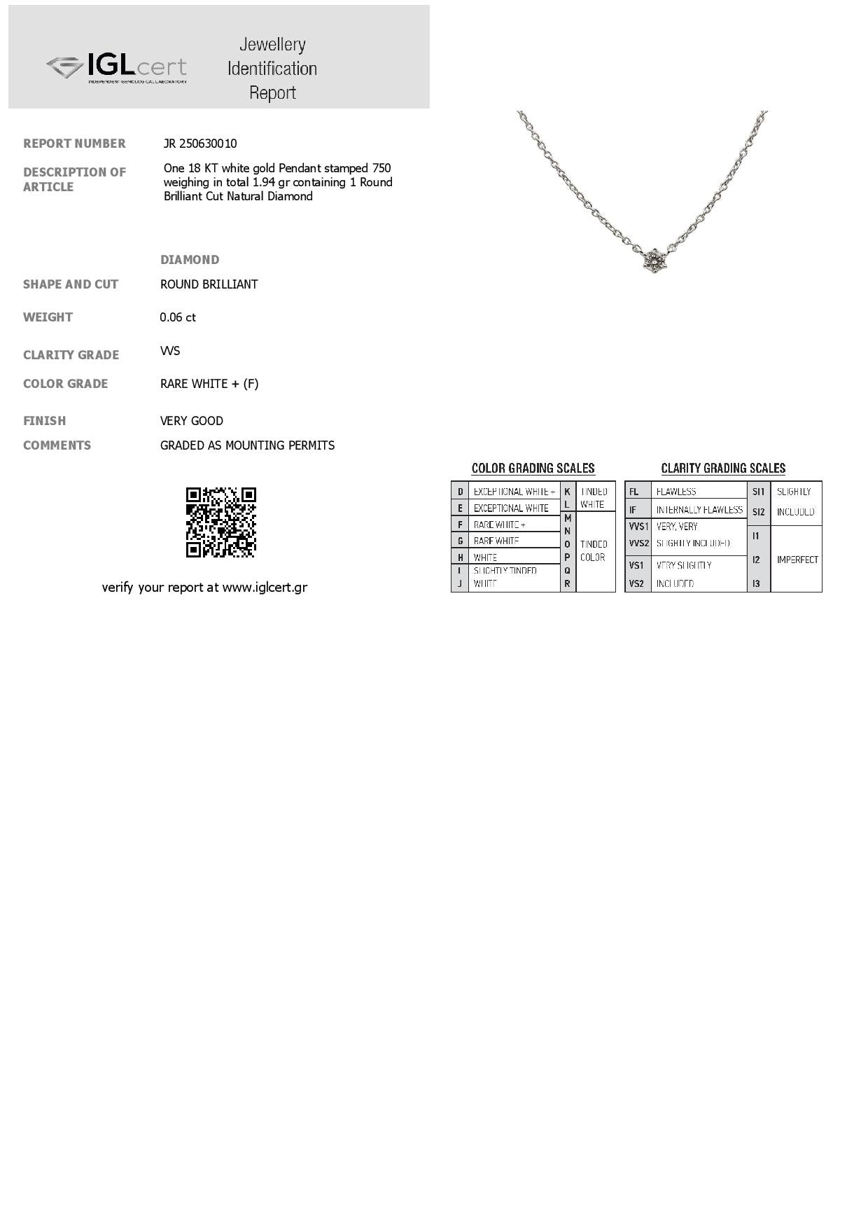 0.06CT, F, VVS, Diamond Necklace