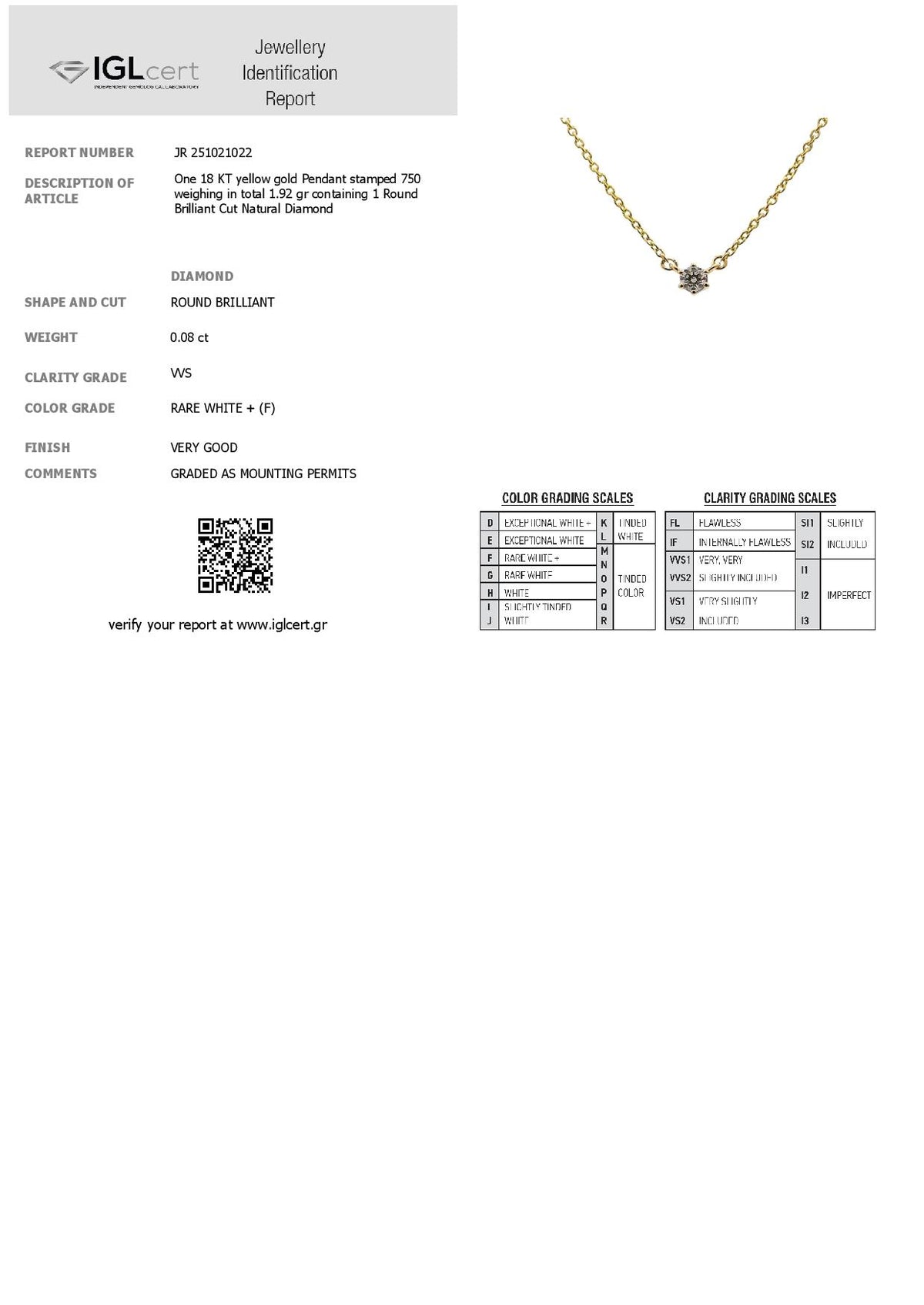 0.08CT. F, VVS DIAMOND NECKLACE
