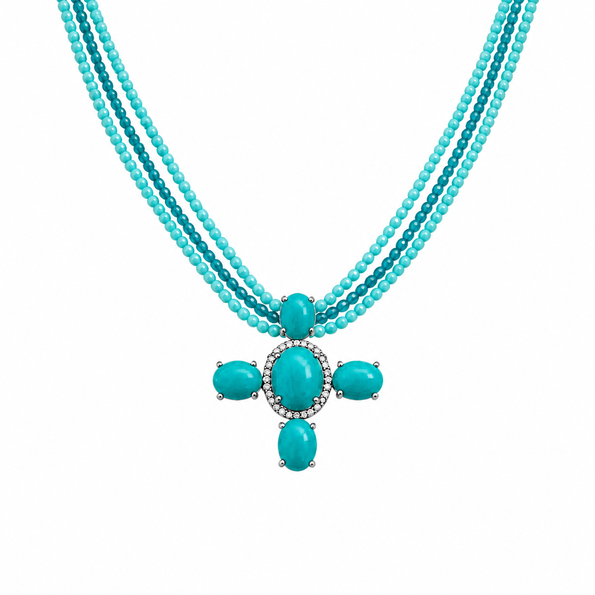 Turquoise and Diamond Cross on a Triple-Beaded Chain