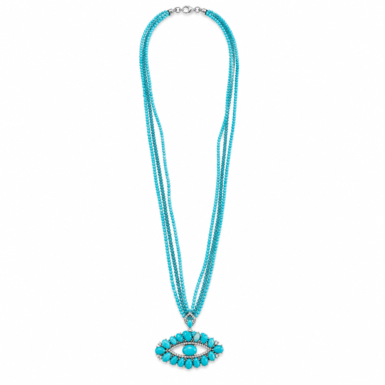Turquoise and Diamond Evil Eye Pendant on a Triple-Beaded Chain