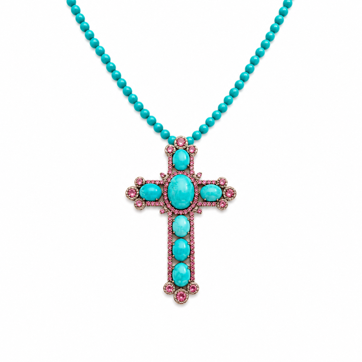 Eye-catching Tourmaline and Turquoise Cross Necklace