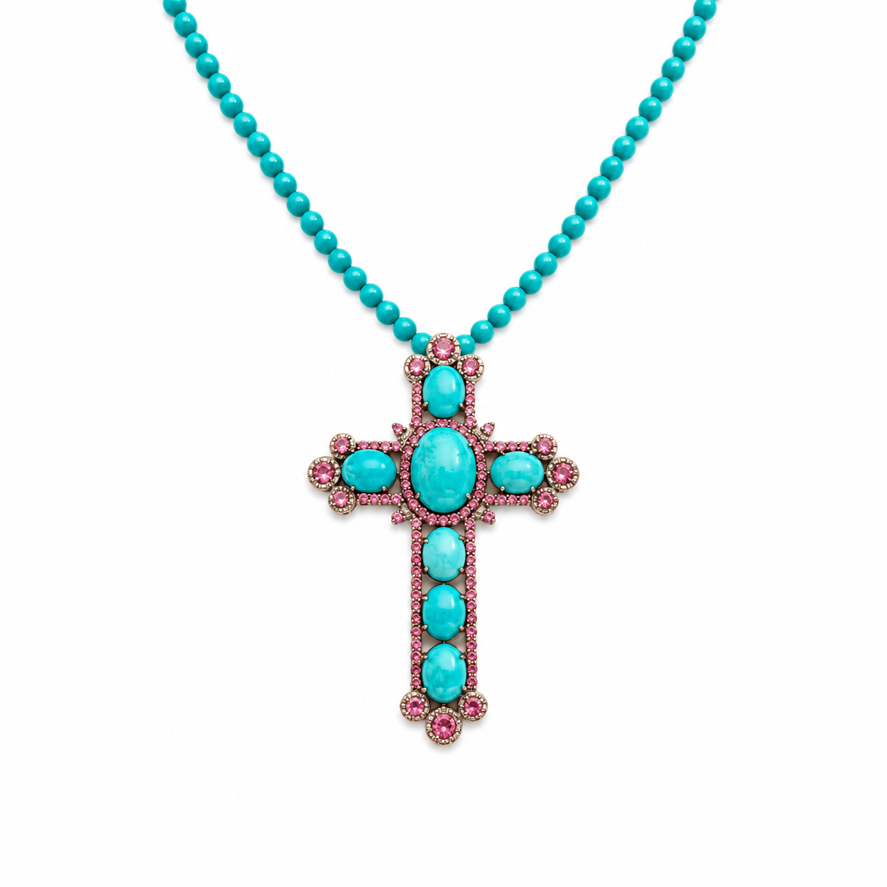Eye-catching Tourmaline and Turquoise Cross Necklace