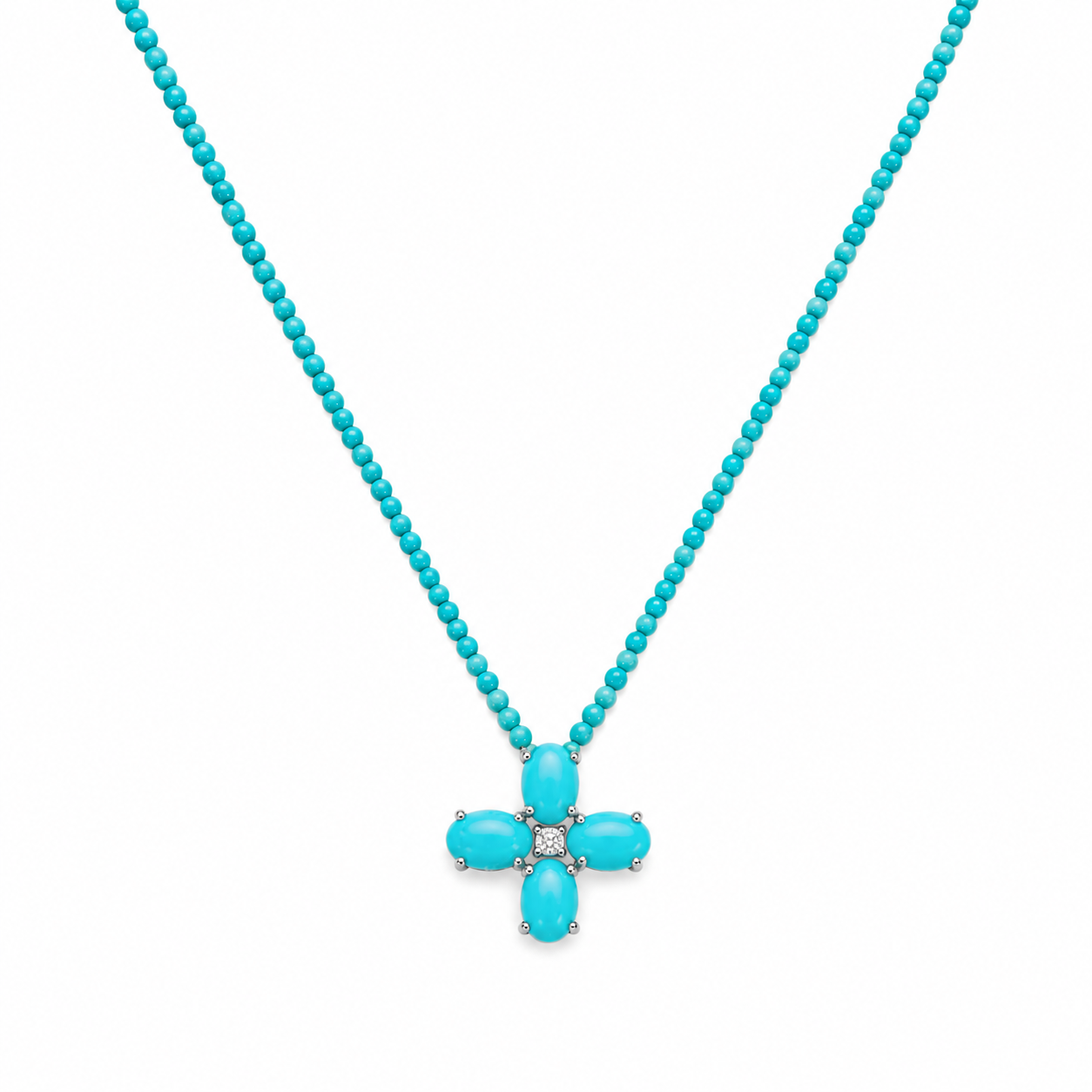 Turquoise and Diamond Floral Cross Turquoise Beaded Necklace