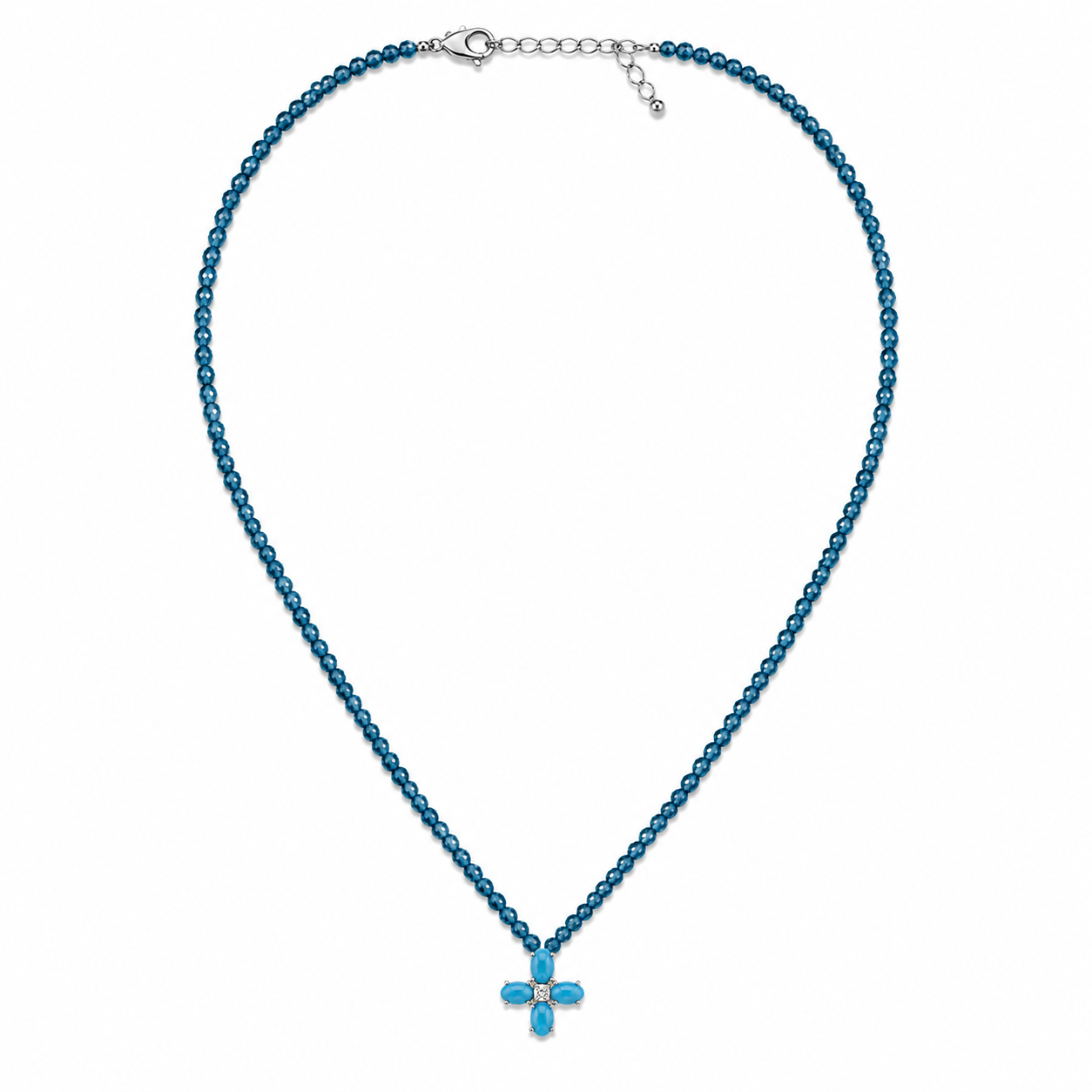 Turquoise and Diamond Floral Cross Apatite Beaded Necklace
