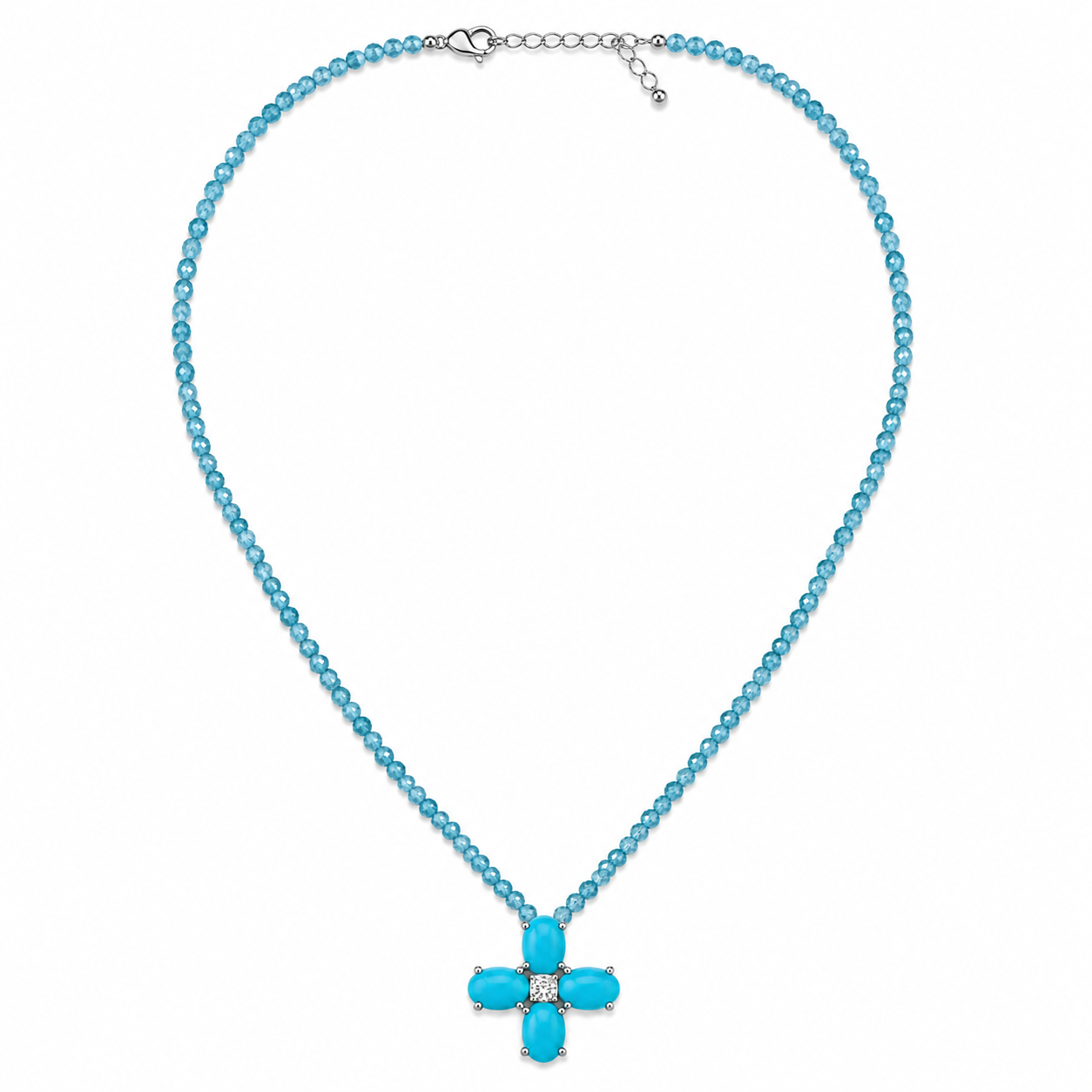 Turquoise and Diamond Floral Cross Apatite Beaded Necklace
