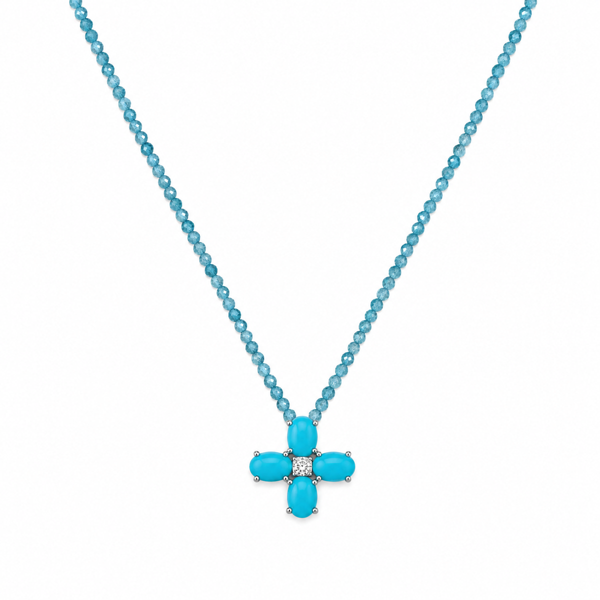 Turquoise and Diamond Floral Cross Apatite Beaded Necklace