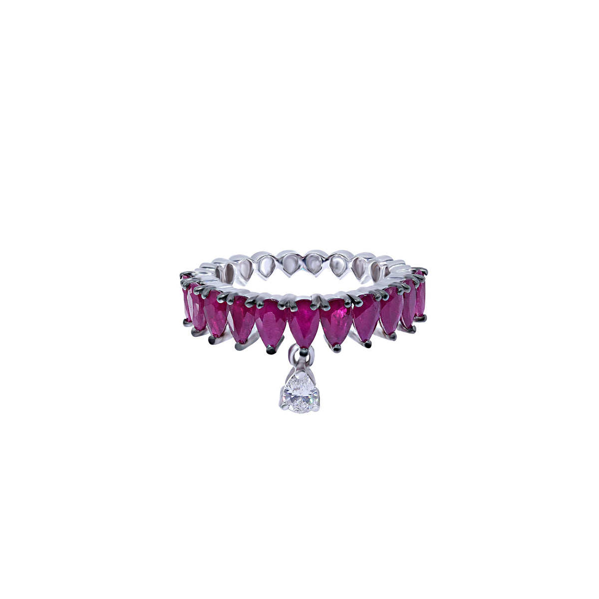 Diamond and ruby ring. Diamond drop ring. Pear shaped diamond ring. Eternity ring.